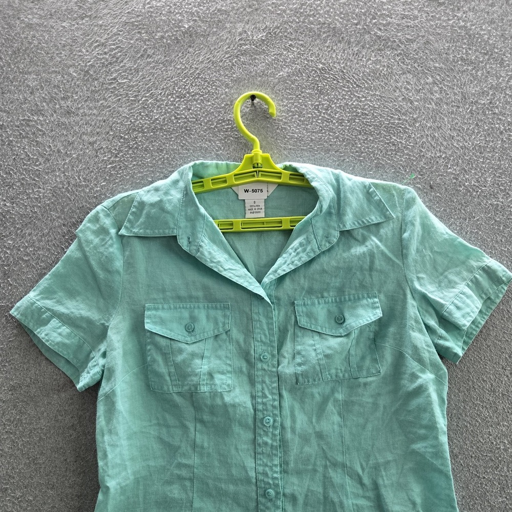 Allison Taylor Women Button Up Shirt S Green Linen Collared Front Short Sleeve - Picture 3 of 7
